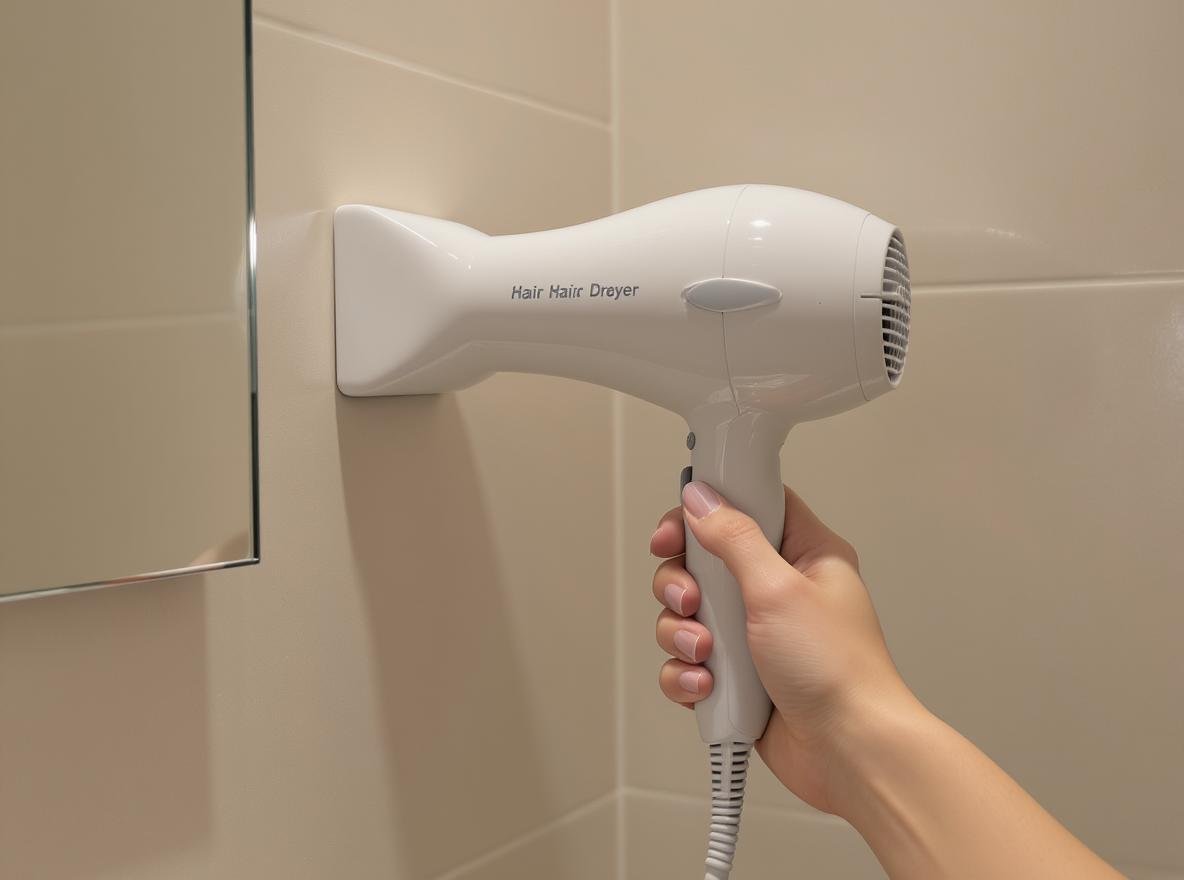 Secure hair dryer storage solution in modern bathroom preventing unauthorized use