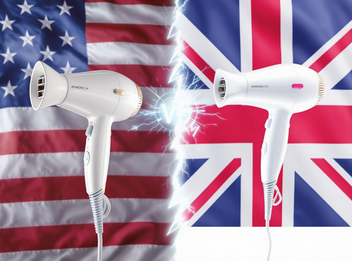 US hair dryer UK converter comparison showing voltage difference between American and British electrical systems