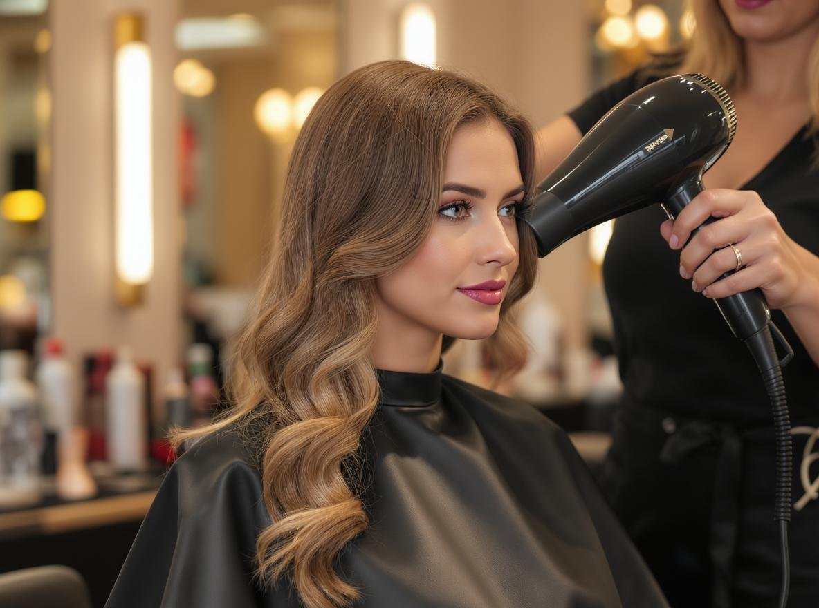 Professional salon blow dry service with hairstylist using high-speed hair dryer