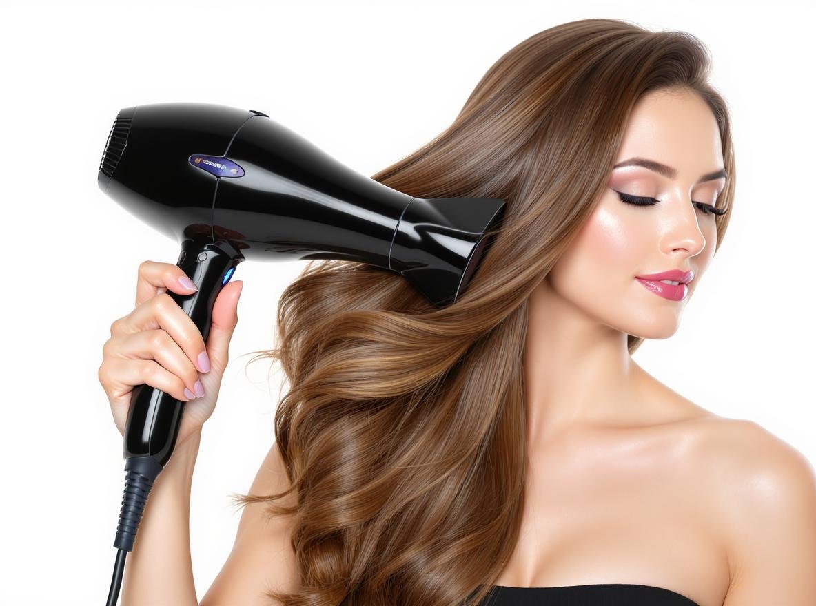 Woman achieving frizz-free hair with professional blow dryer technique