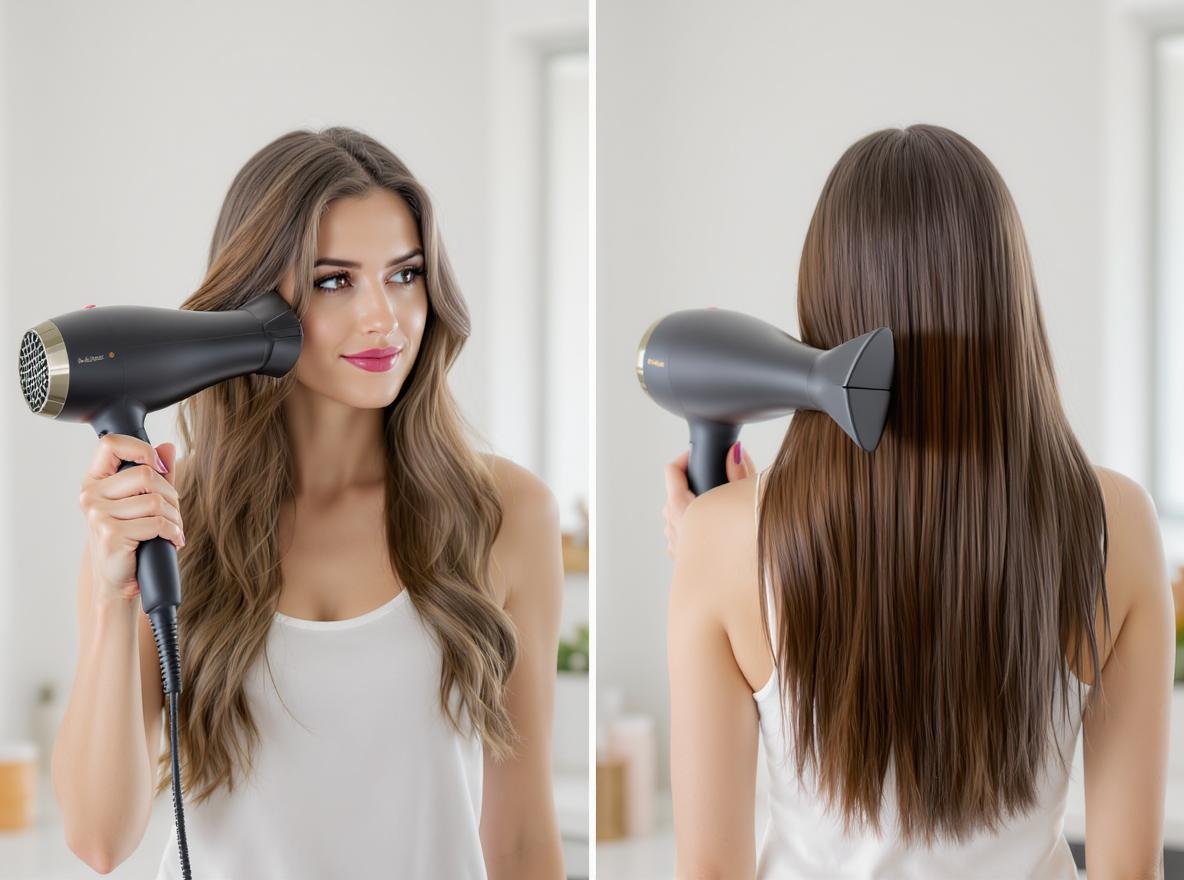Professional woman blow drying healthy hair with modern hair dryer - optimal frequency guide