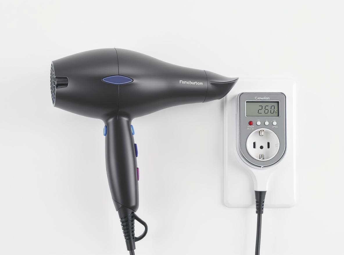 UK hairdryer plug next to Canadian electrical outlet showing voltage difference