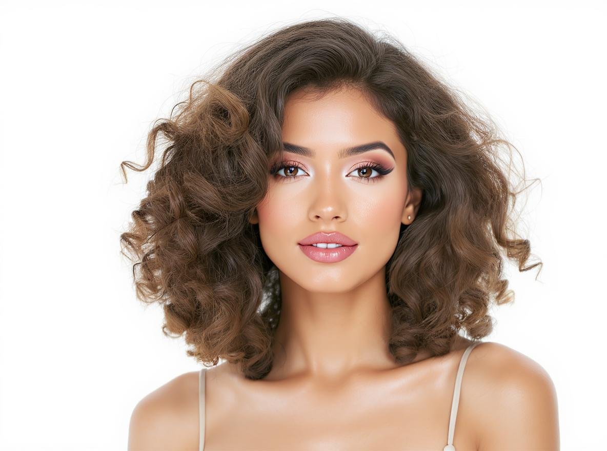 Woman with naturally styled hair without products showing volume and texture