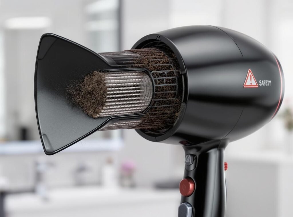Hair dryer lint removal before and after cleaning comparison showing safety maintenance