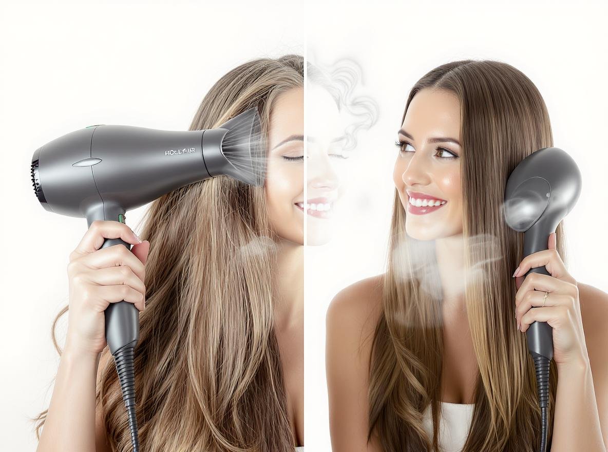 Woman using cold air hair dryer showing healthy hair vs heat damaged hair comparison