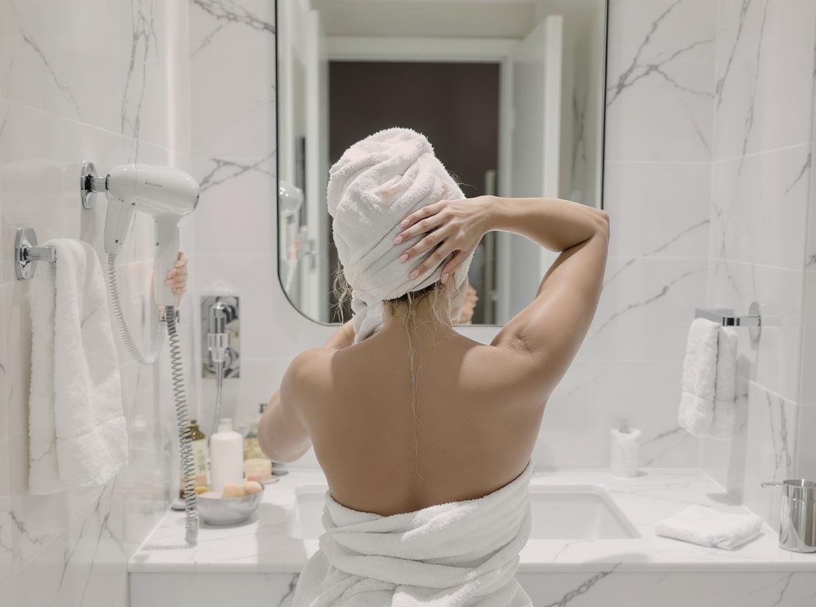 Woman in hotel bathroom with wet hair avoiding dirty hotel hair dryer, hotel hair care problems