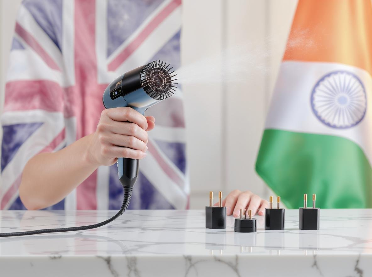 Woman with hair styling tool and electrical plug adapters for India UK compatibility