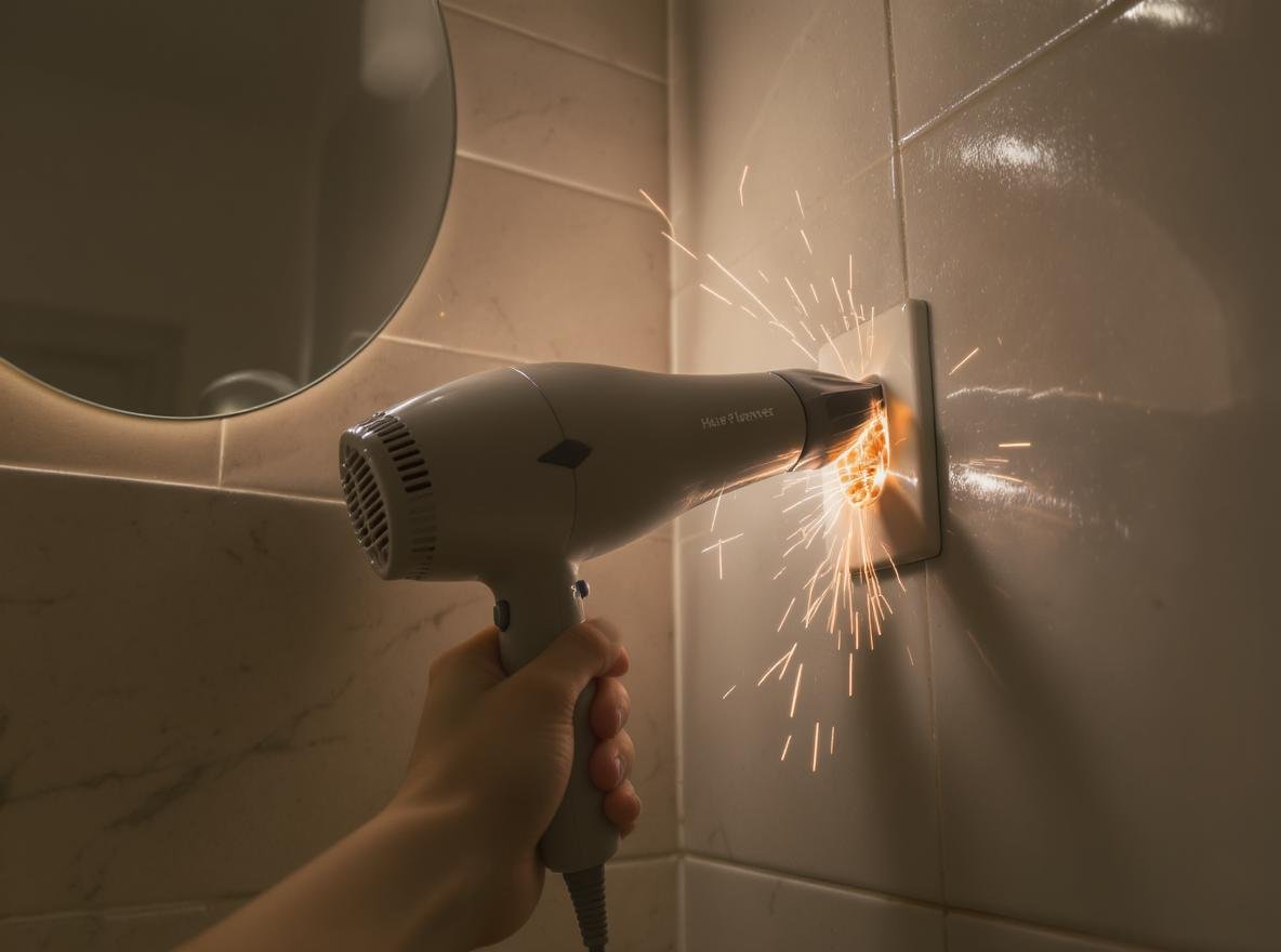 Hair dryer causing lights to dim in modern bathroom with electrical issues