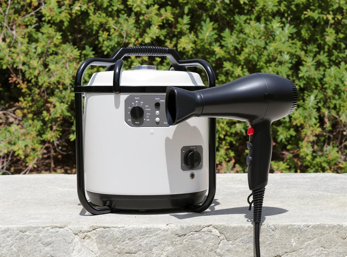 Portable generator powering professional hair dryer outdoors