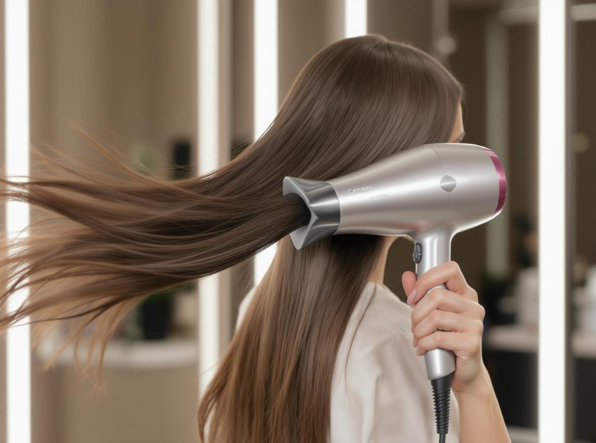 Professional woman using blow dryer on already dry hair with proper technique