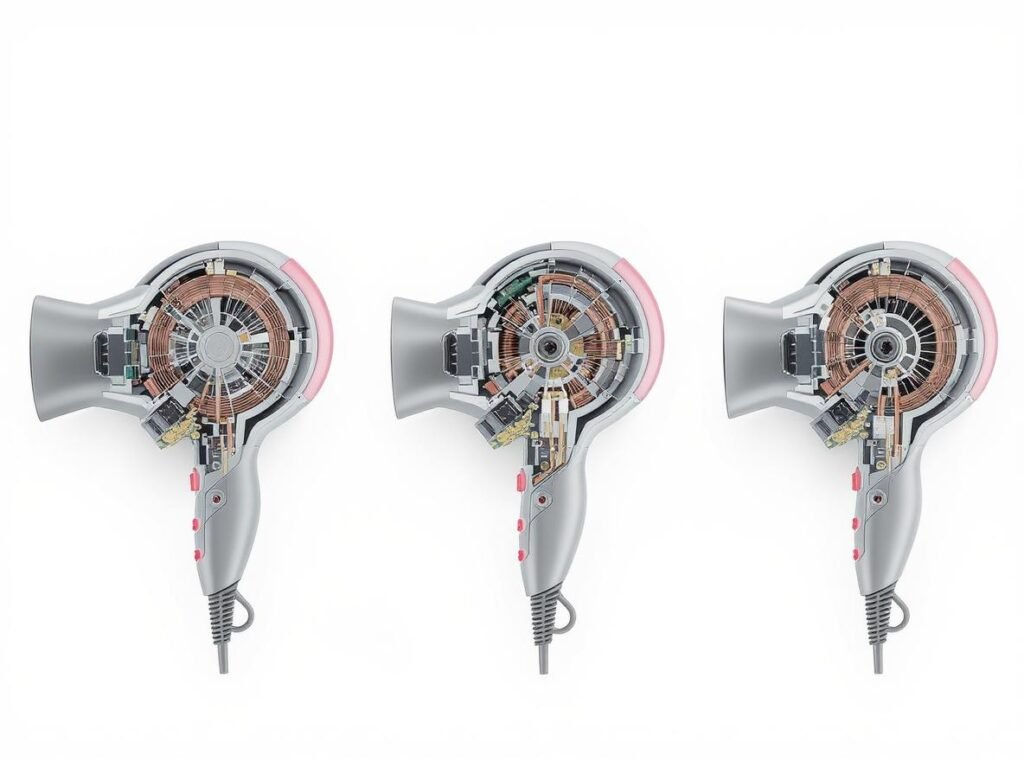 Technical comparison of different hair dryer motor types showing internal components