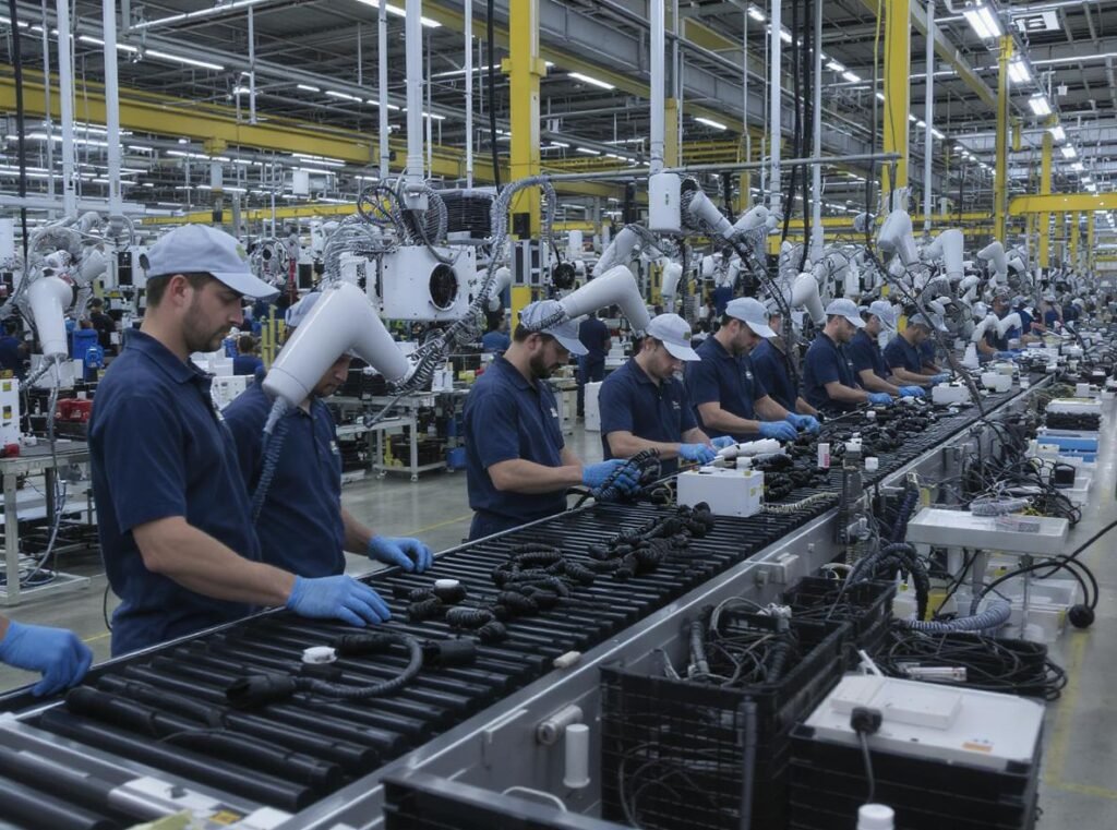 Hair dryer factory assembly line showing manufacturing process and quality control stations