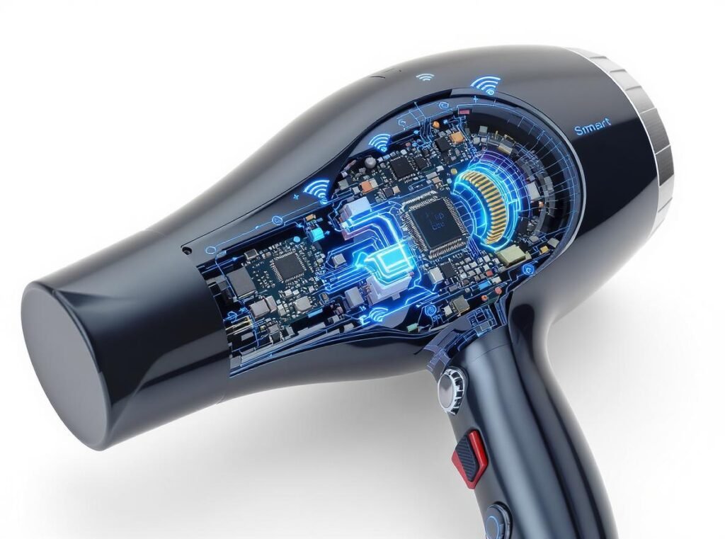 Smart hair dryer internal components showing sensors and digital technology