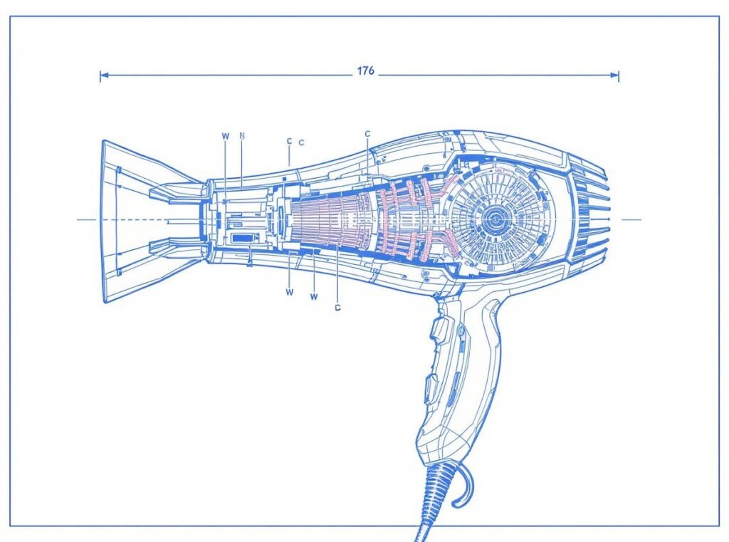 Hair dryer internal components showing motor and heating elements that determine amperage