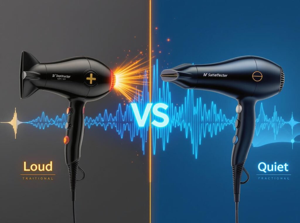 Comparison of traditional loud hair dryers versus modern quiet professional salon hair dryers with decibel readings