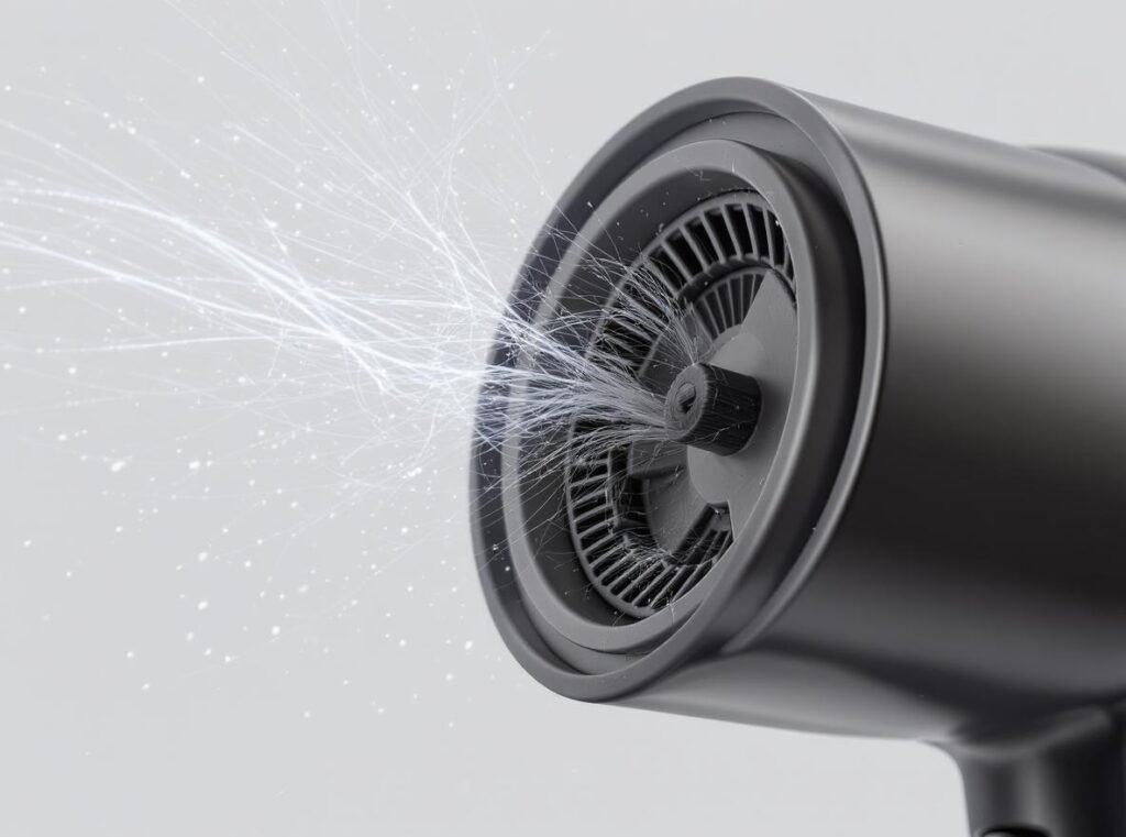 Hair dryer air intake showing lint buildup from dust particles and hair strands