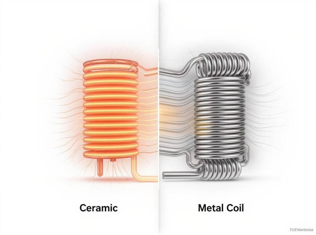 Ceramic heating element vs regular metal coil comparison showing heat distribution differences