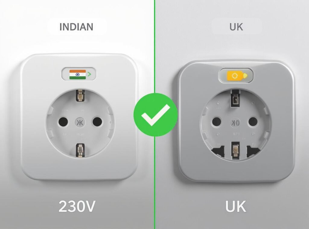India UK electrical voltage compatibility diagram showing 230V systems