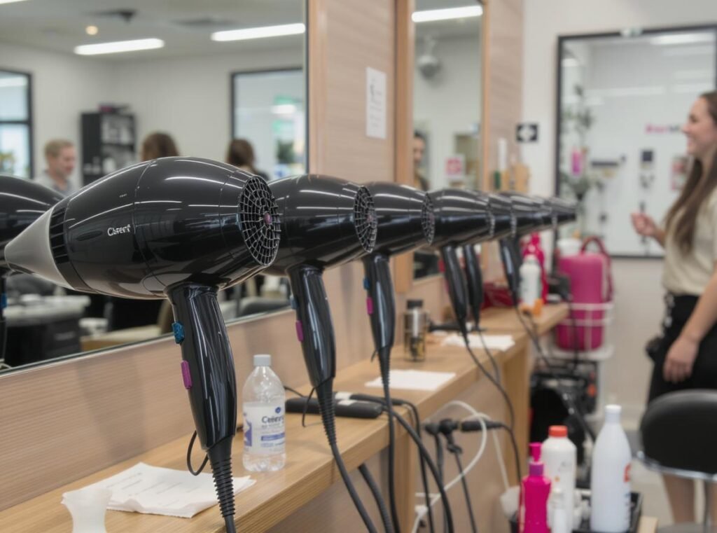 Professional salon with properly maintained hair dryers ensuring client safety and business success