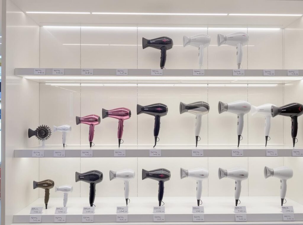 Hair dryer MOQ ranges displayed by customization levels from basic to premium models