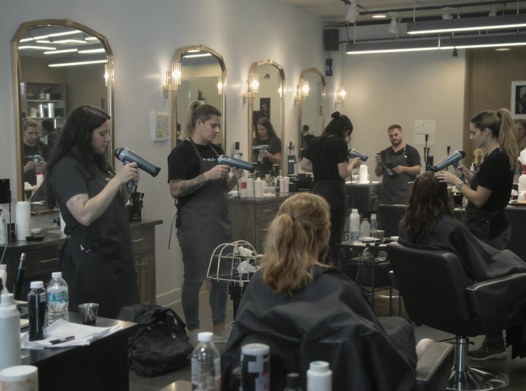Professional stylists using smart hair dryers in busy salon environment