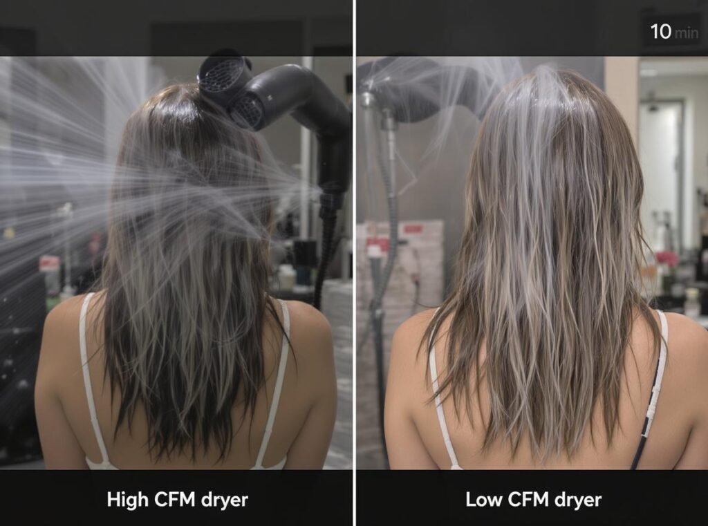 High CFM hair dryer reducing drying time compared to low airflow models