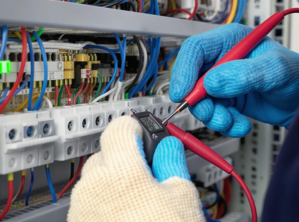 Technician performing continuity testing on hair dryer switch with digital multimeter