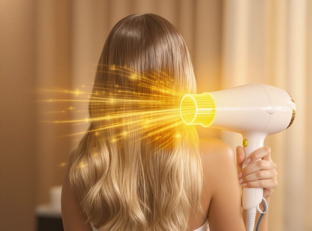 Woman using ceramic hair dryer showing hair protection and health benefits