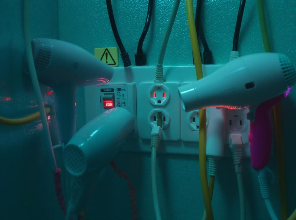 Tripped circuit breaker caused by hair dryer electrical overload in bathroom