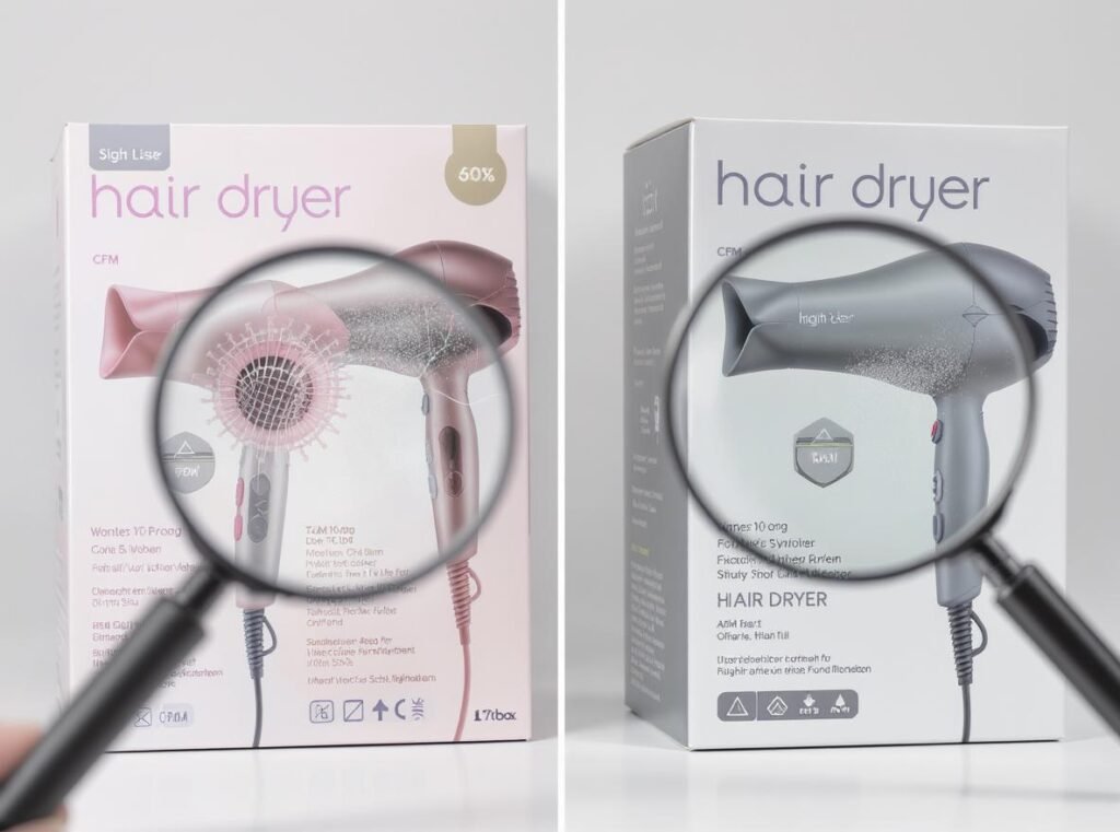 Hair dryer packaging showing missing CFM specifications compared to complete technical data