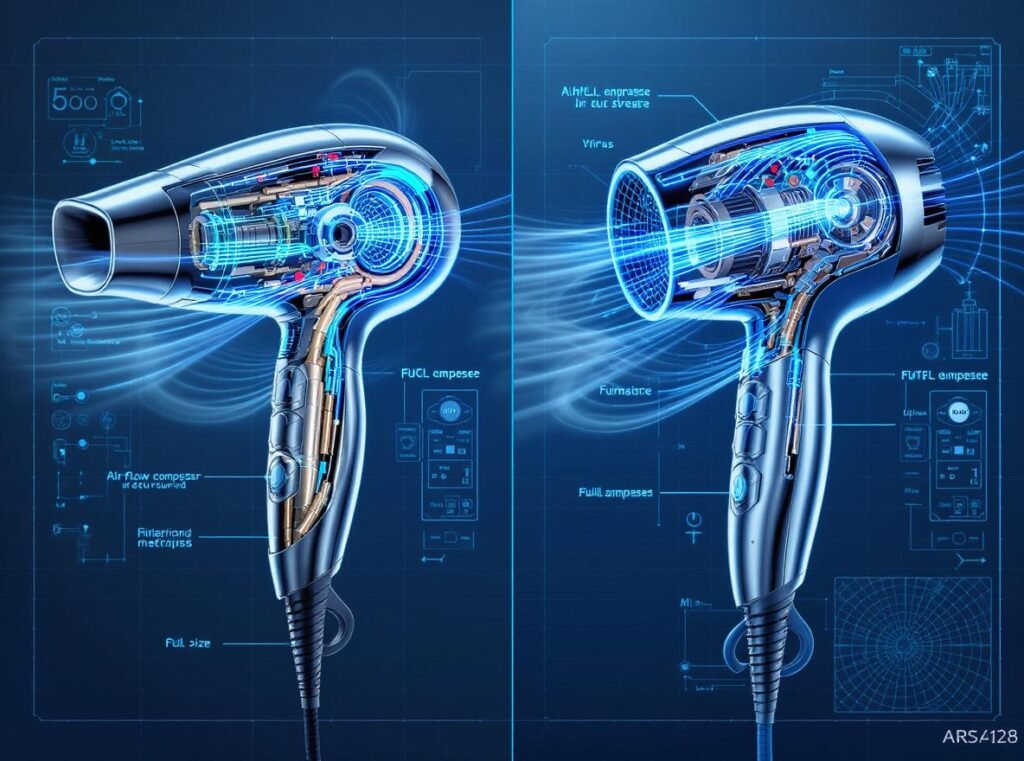 Technical comparison of compact vs full-size hair dryer power and performance capabilities