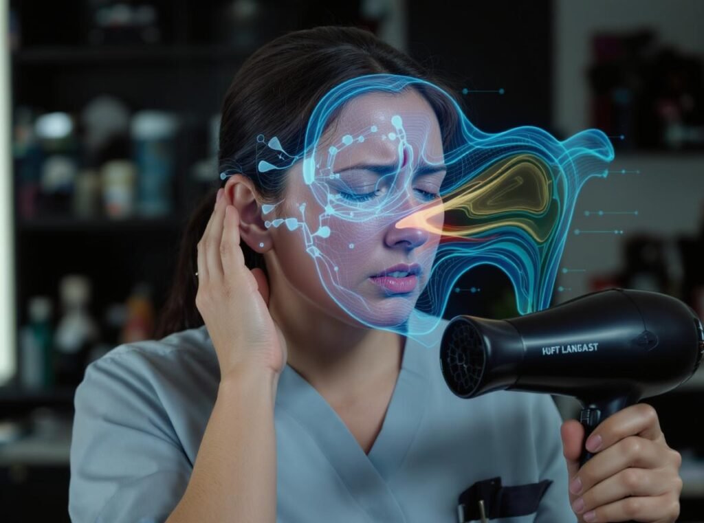 Salon professional experiencing ear pain from loud hair dryer showing occupational hearing damage risks