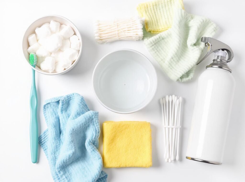 Essential tools for cleaning hair dryer lint including toothbrush cotton swabs and cleaning supplies