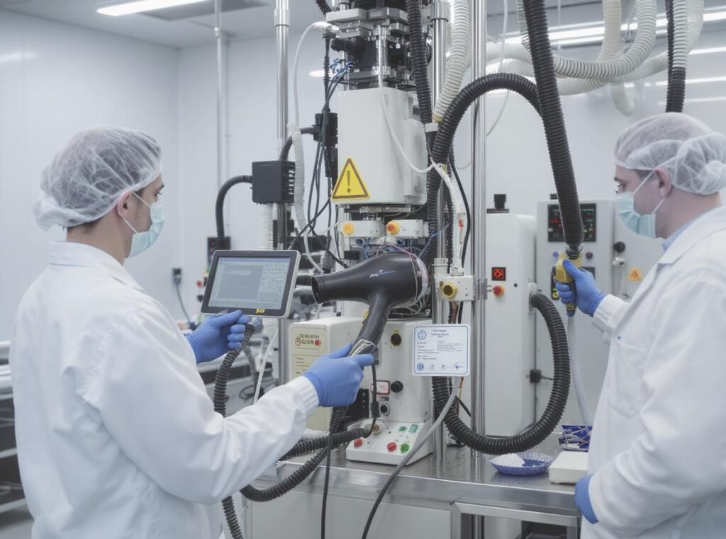 Hair dryer quality testing laboratory with safety certification equipment