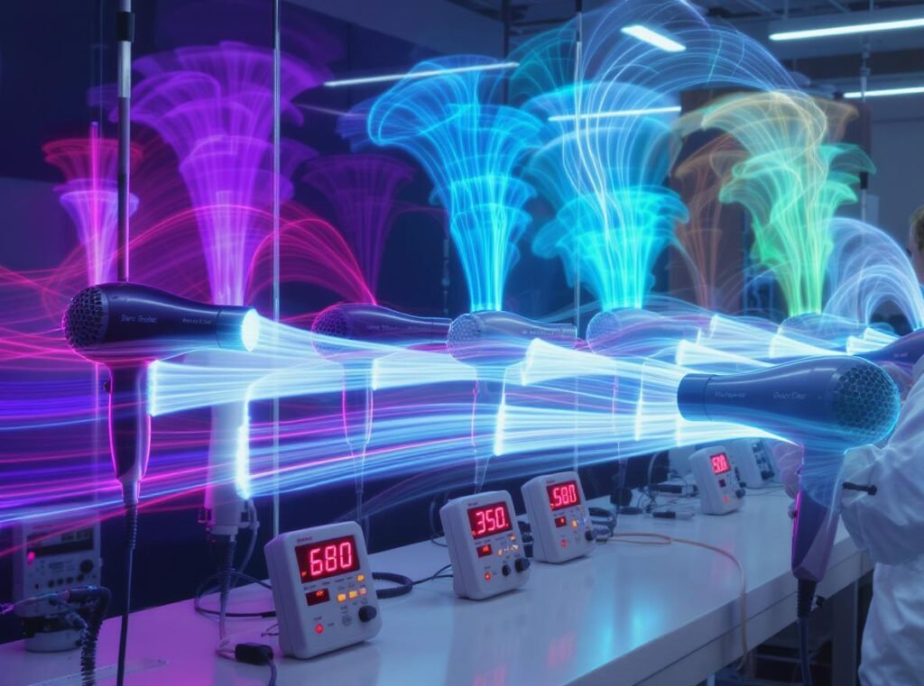 Hair dryer motor power output testing showing airflow performance and wattage measurements