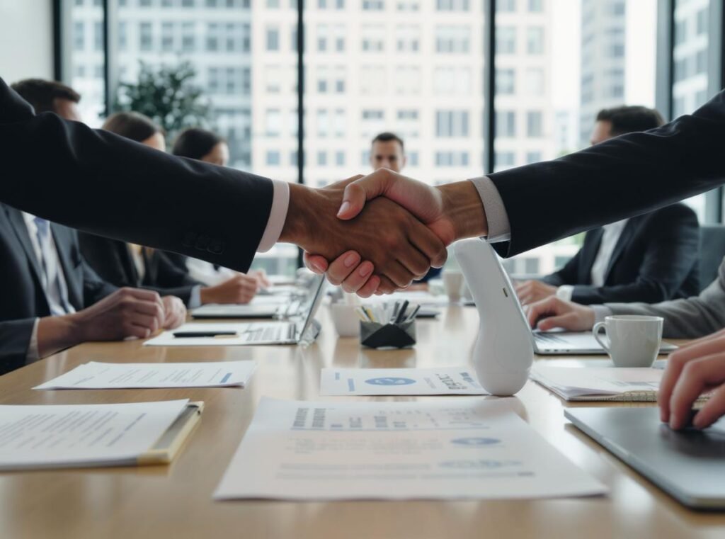 Business professionals negotiating hair dryer MOQ terms in corporate meeting environment