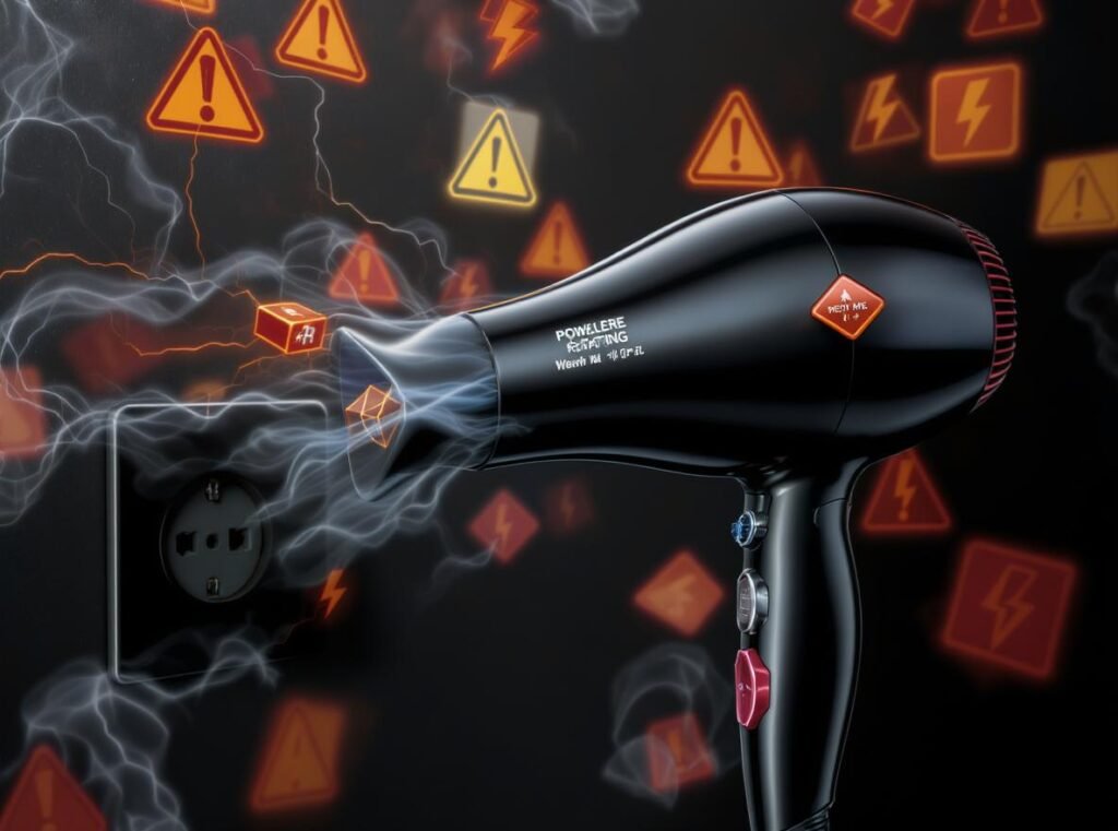 High wattage hair dryer electrical requirements showing amp draw on 15-amp circuit