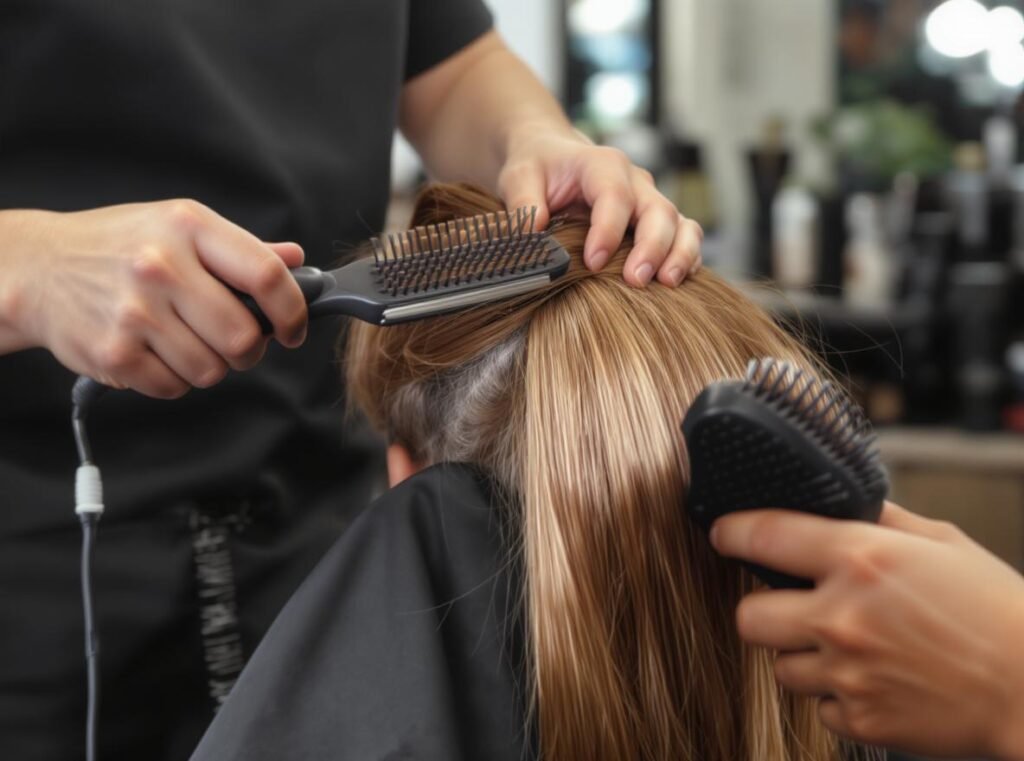 Professional hairstylist demonstrating advanced blow dry techniques and sectioning methods