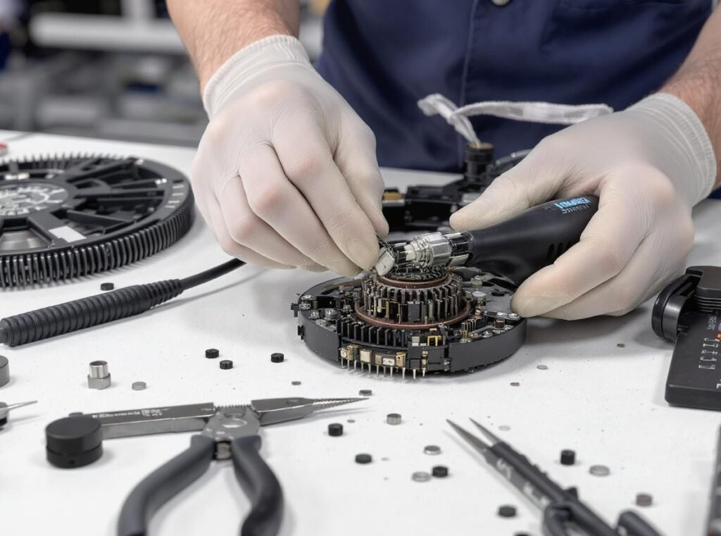 Professional technician replacing thermal fuse in hair dryer during repair service