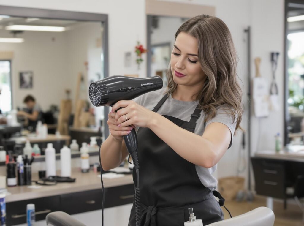 Professional stylist demonstrating ergonomic hair dryer handling techniques for workplace safety
