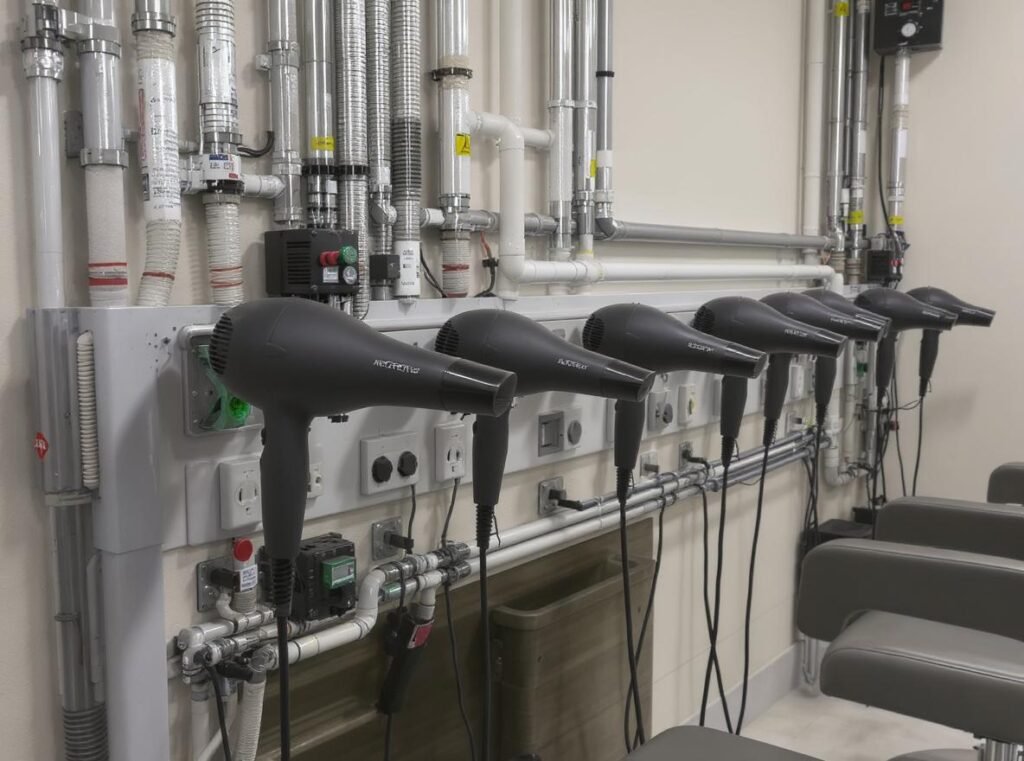 Professional salon hair dryers with dedicated electrical circuits and amperage requirements