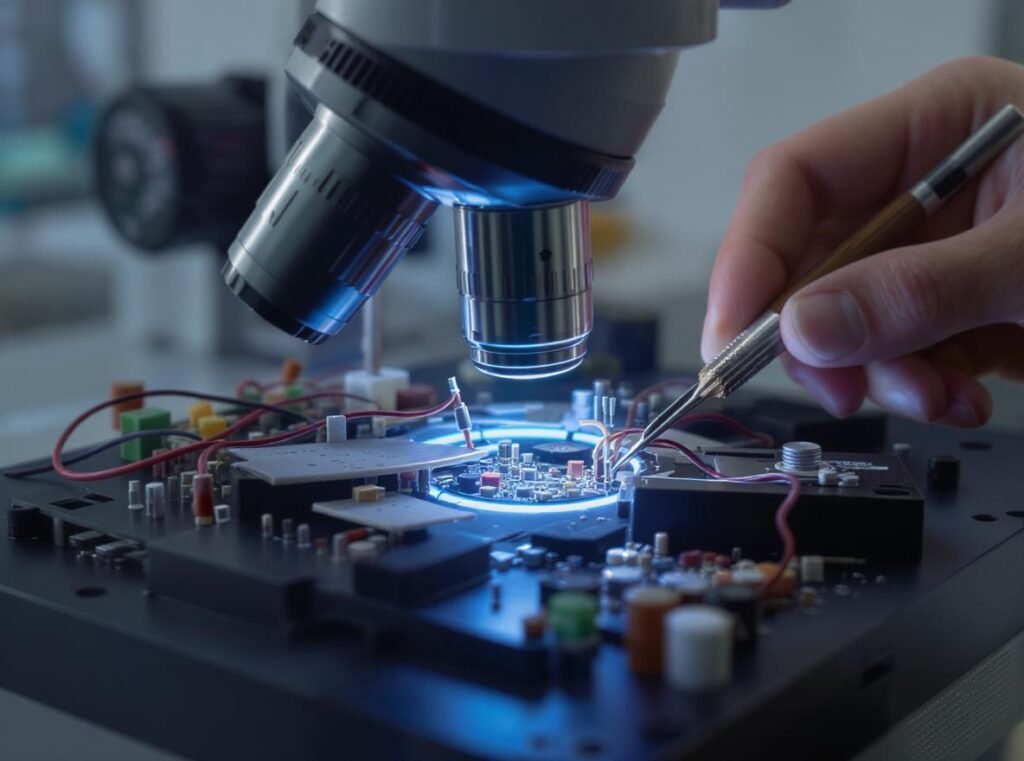 Professional visual inspection of hair dryer switch components under magnification