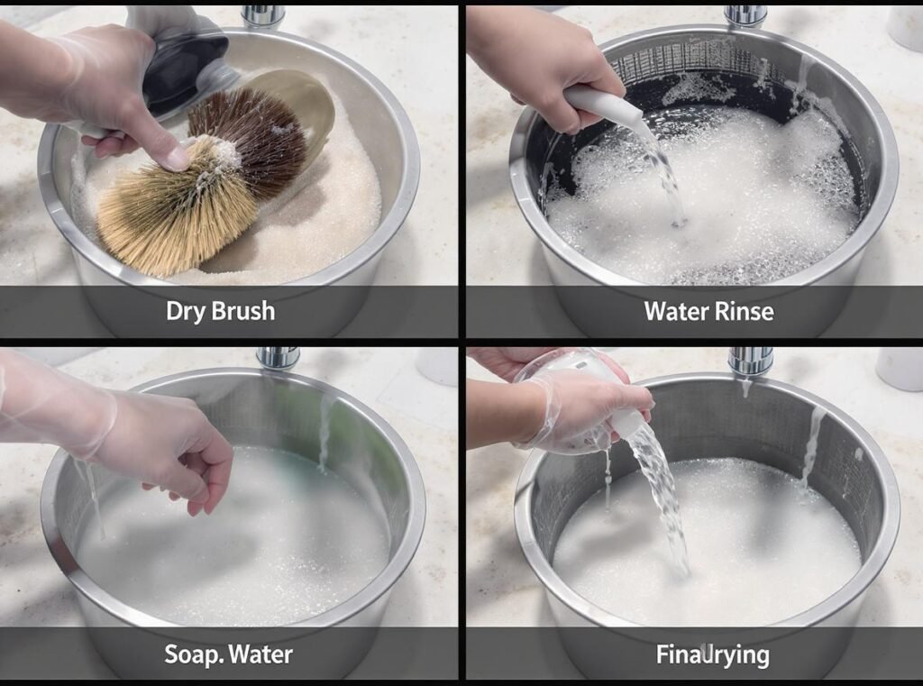 Four-stage hair dryer filter cleaning process from dry brushing to final drying