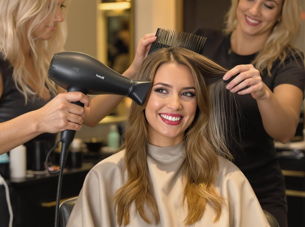 Happy salon client receiving professional hair styling service with reliable equipment