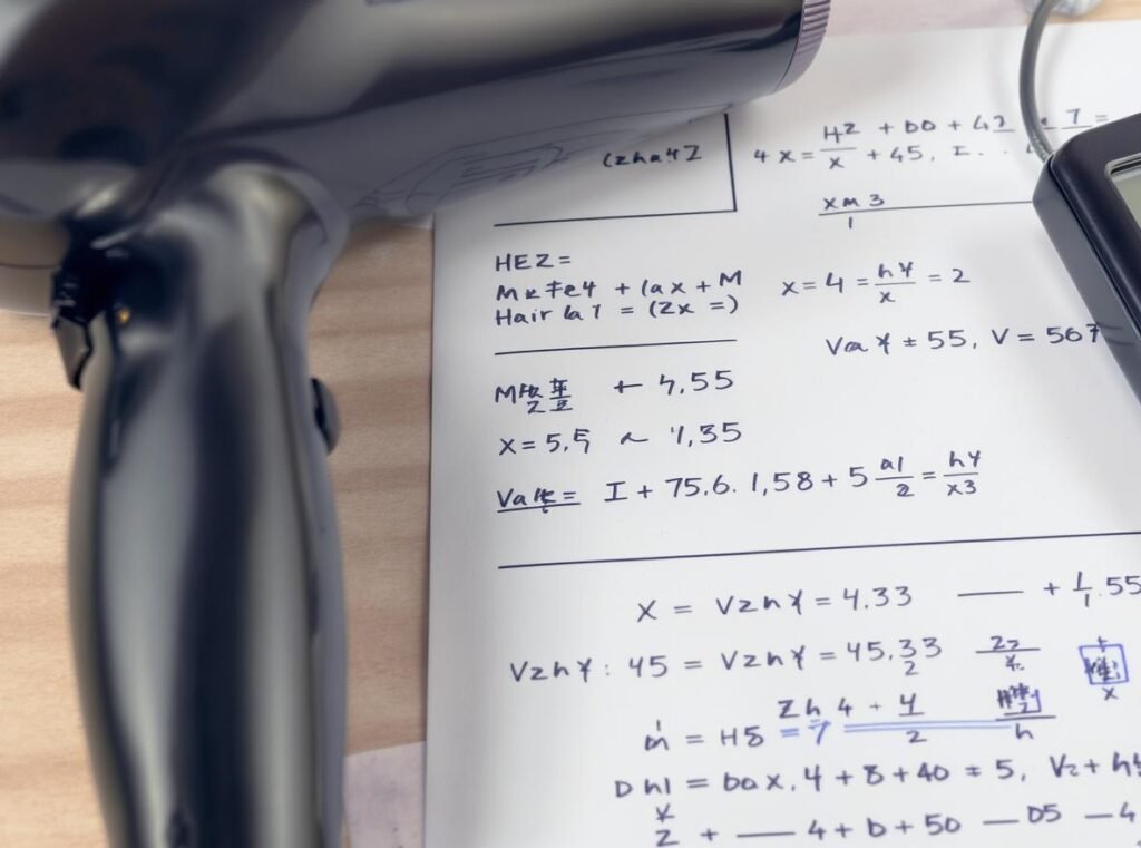 Hair dryer amperage calculation showing wattage and voltage specifications
