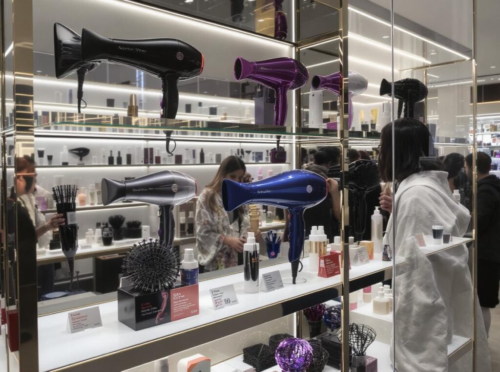 Retail display of professional hair dryers showing market demand and consumer interest