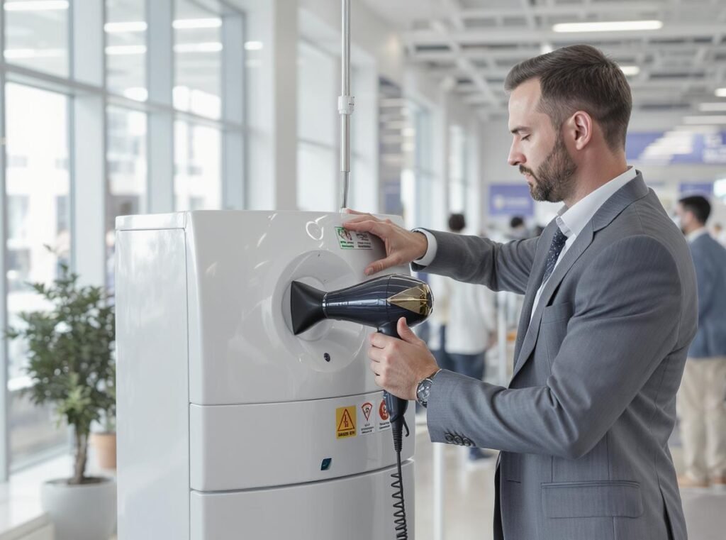 Business professional inspecting hair dryer safety certifications and compliance standards