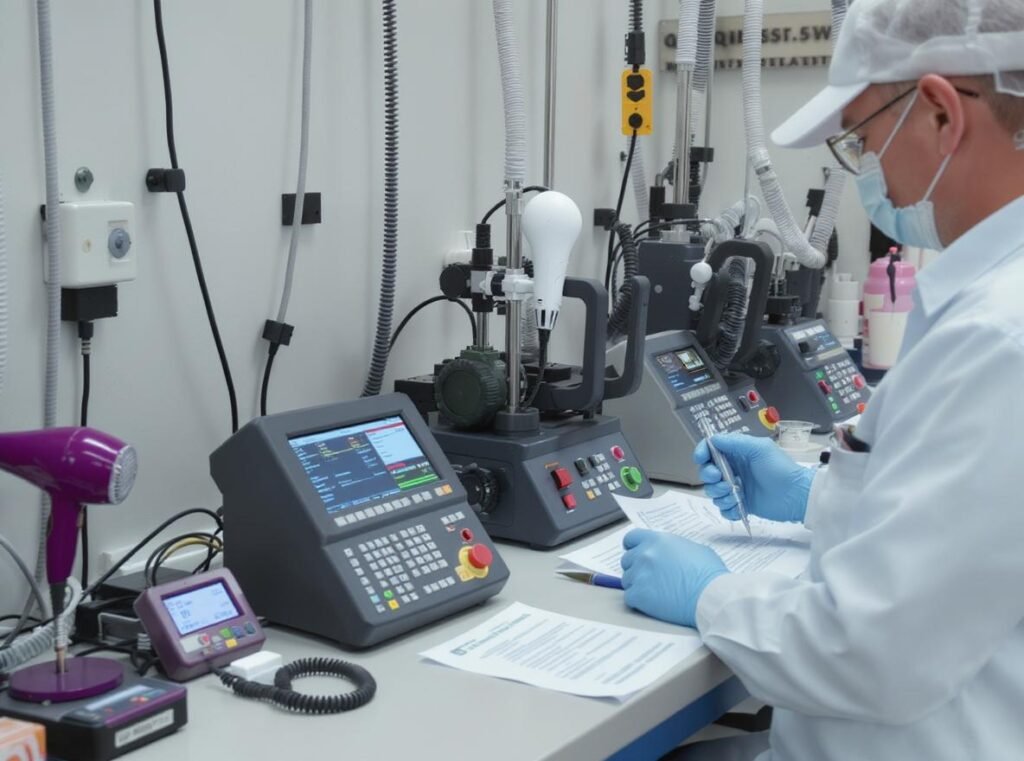 Hair dryer quality assurance inspection process with testing equipment
