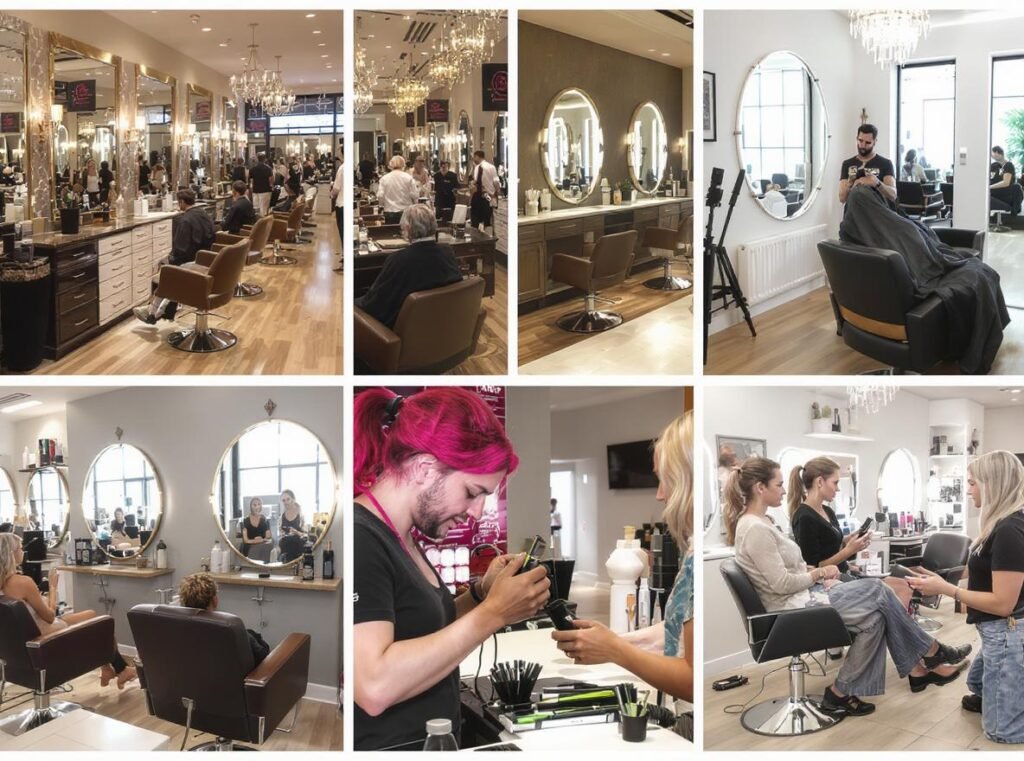 Different professional salon environments showing varied hair dryer motor requirements and applications