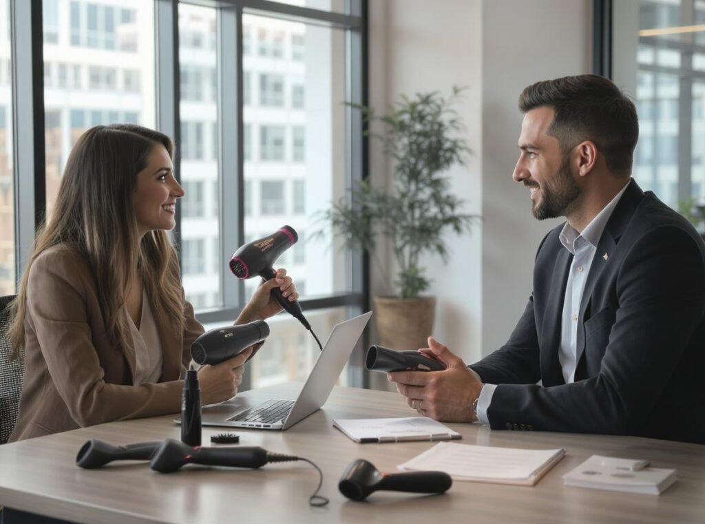 Professional consultation meeting between hair dryer manufacturer and potential private label client